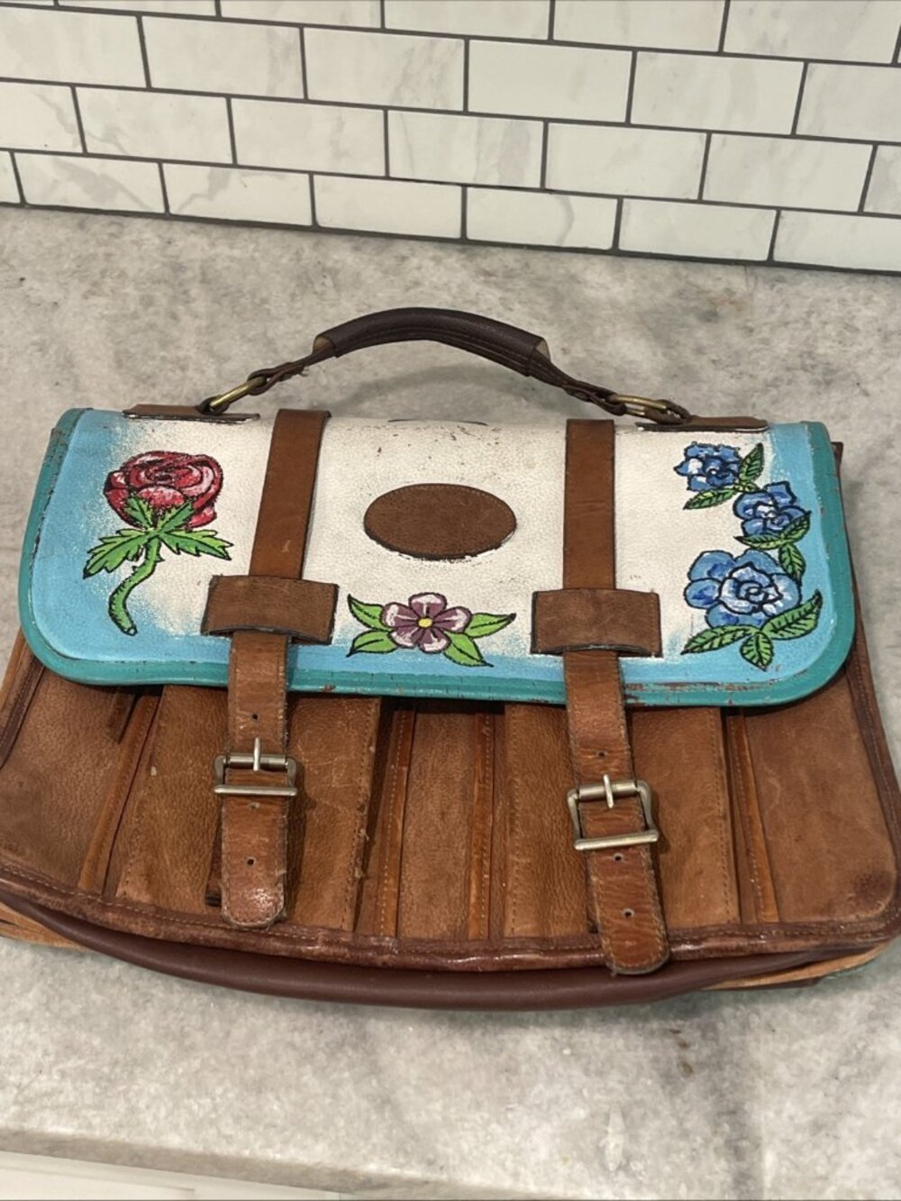 Vintage Briefcase Hand Painted Leather Large Laptop Bag Southwestern Artsy Boho